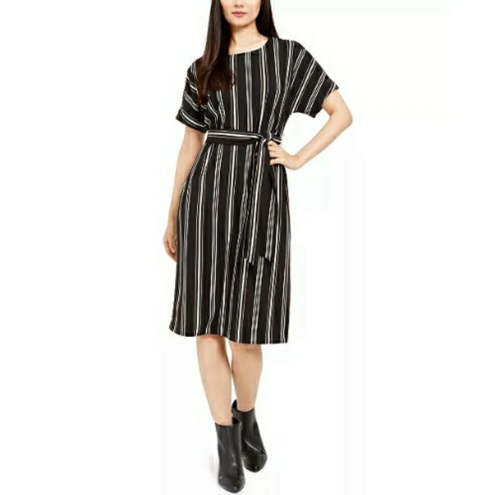 Alfani Striped Belted-Waist Dress Size M
